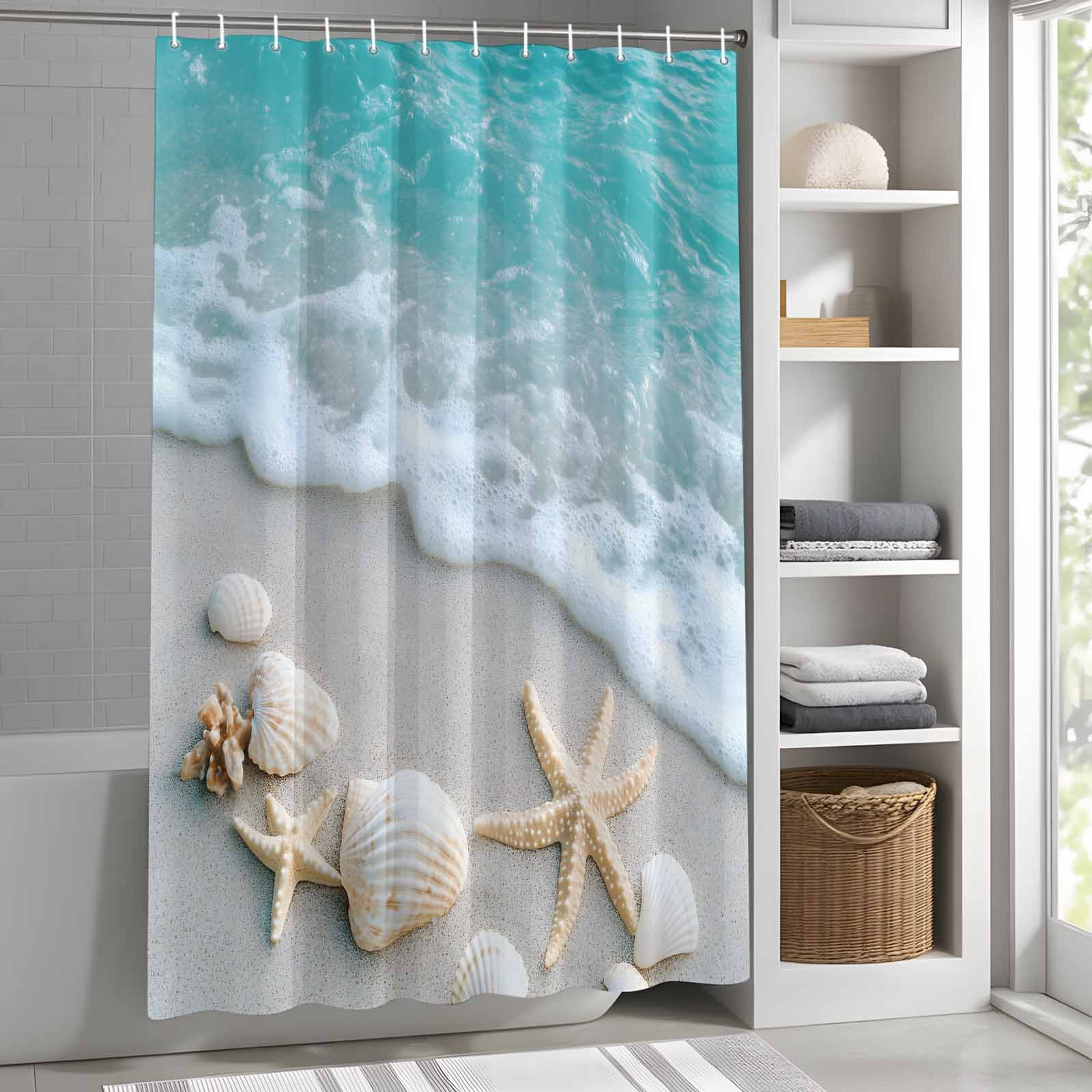 Teal Beige Shower Curtains for Bathroom, Beach Starfish Seashell Sand Sea Waves Scenery Washable Fabric Shower Curtain with Hooks Waterproof Bathroom Decor Sets, 36 x 72 Inches