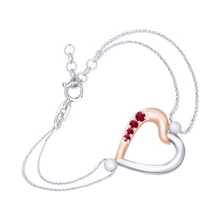 AFFY Round Shape Simulated Ruby Two Tone Heart Link Chain Bracelets In 14k White Gold Over Sterling Silver-8.5