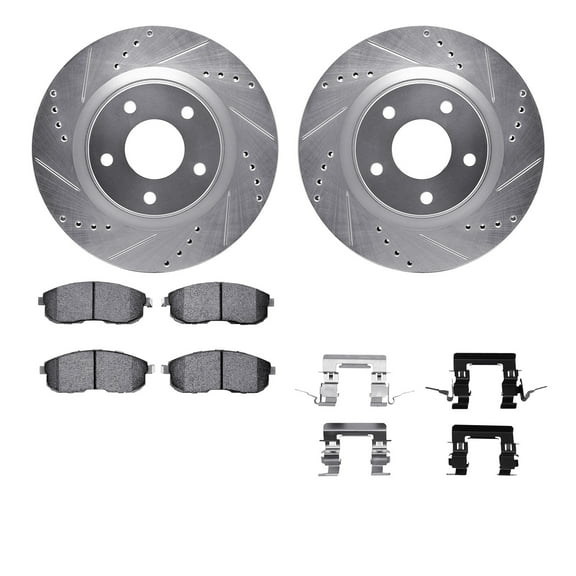 Dynamic Friction Company Front Brake Rotors-Drilled and Slotted-Silver with 5000 Euro Ceramic Brake Pads includes Hardware 7612-67013