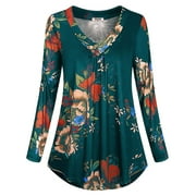 LAPA Women's Notch V-Neck Roll-up Long Sleeve Blouse Casual Flowy Tunic Tops