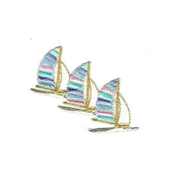 Three Sailboats - Pastel - Iron on Embroidered Applique Patch