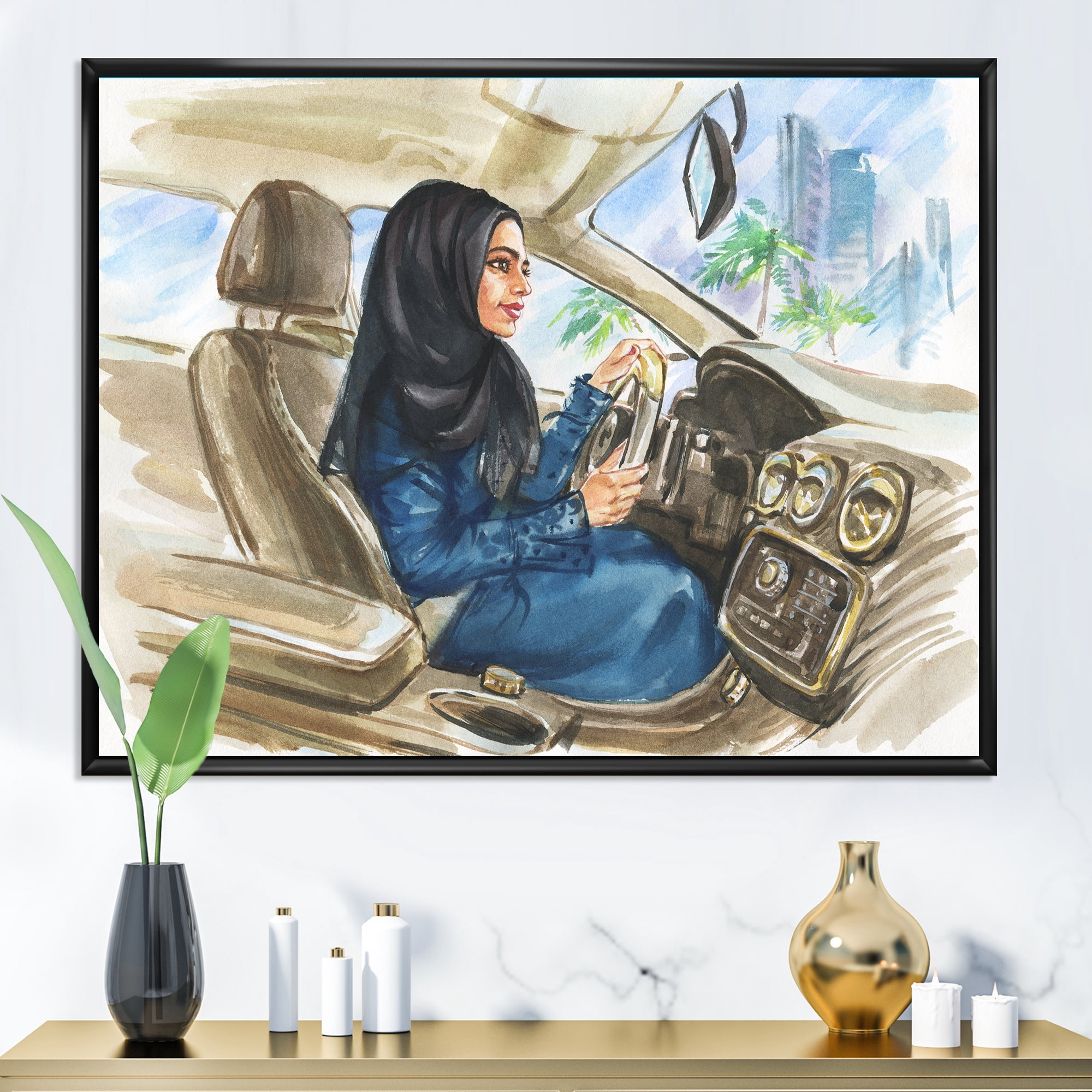 Designart 'Arabian Lady Driving A Car I' Modern Framed Canvas Wall Art Print