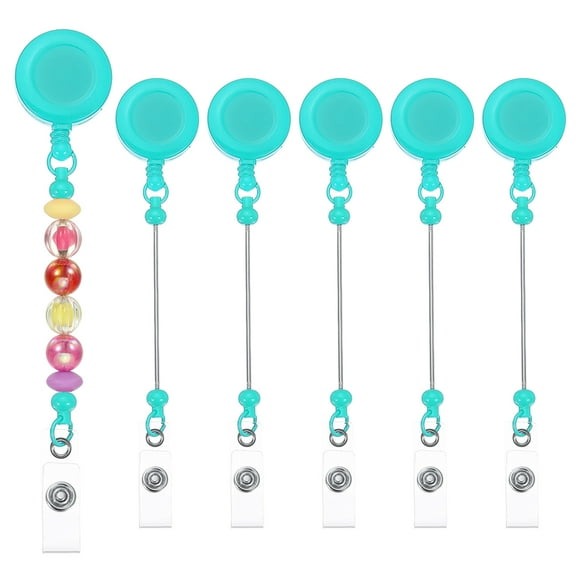 Uxcell Beadable Badge Reels, 6 Pcs Beaded Retractable Clips Holder Badge Reel Bulk Keychain Bar with Belt Clip, Peacock Blue