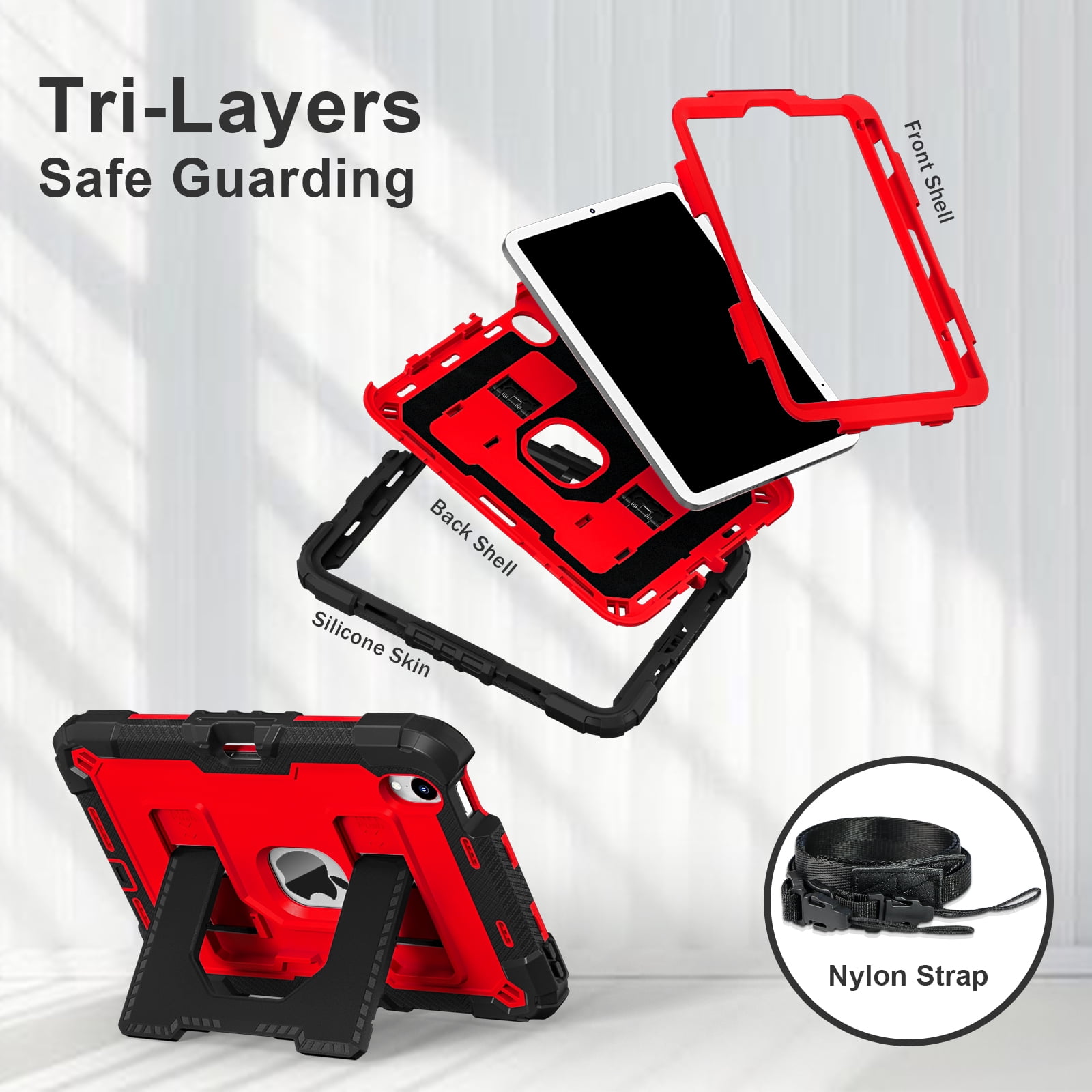 Dteck Case for iPad Mini 7 (A17 Pro) 2024 / Mini 6 2021 8.3 inch,Heavy Duty Kickstand Case with Shoulder Strap Shockproof Rugged Cover Built-in Pencil Holder for Pad Mini 7th/6th Gen 8.3",Black+Red