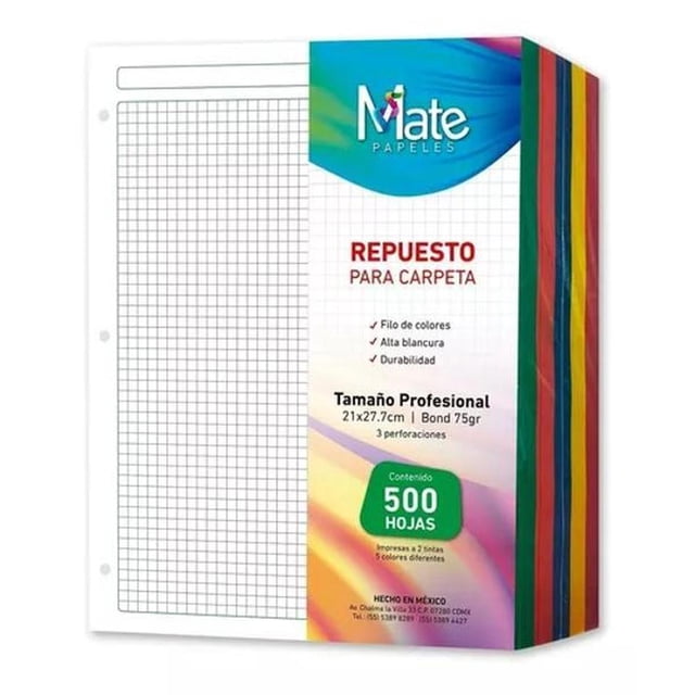 Paquete 500 Hojas Para Carpeta Carta Filo Color Cuadro Chico Mate Cuadro chico y filo color