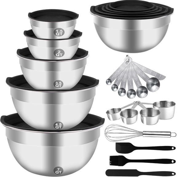 Mixing Bowls, 25 PCS Stainless Steel Mixing Bowls with Lids Set, Bowls 7, 4.5, 3,2, 1.5QT, Measuring Cups and Spoons Baking Utensils, for Kitchen Prep