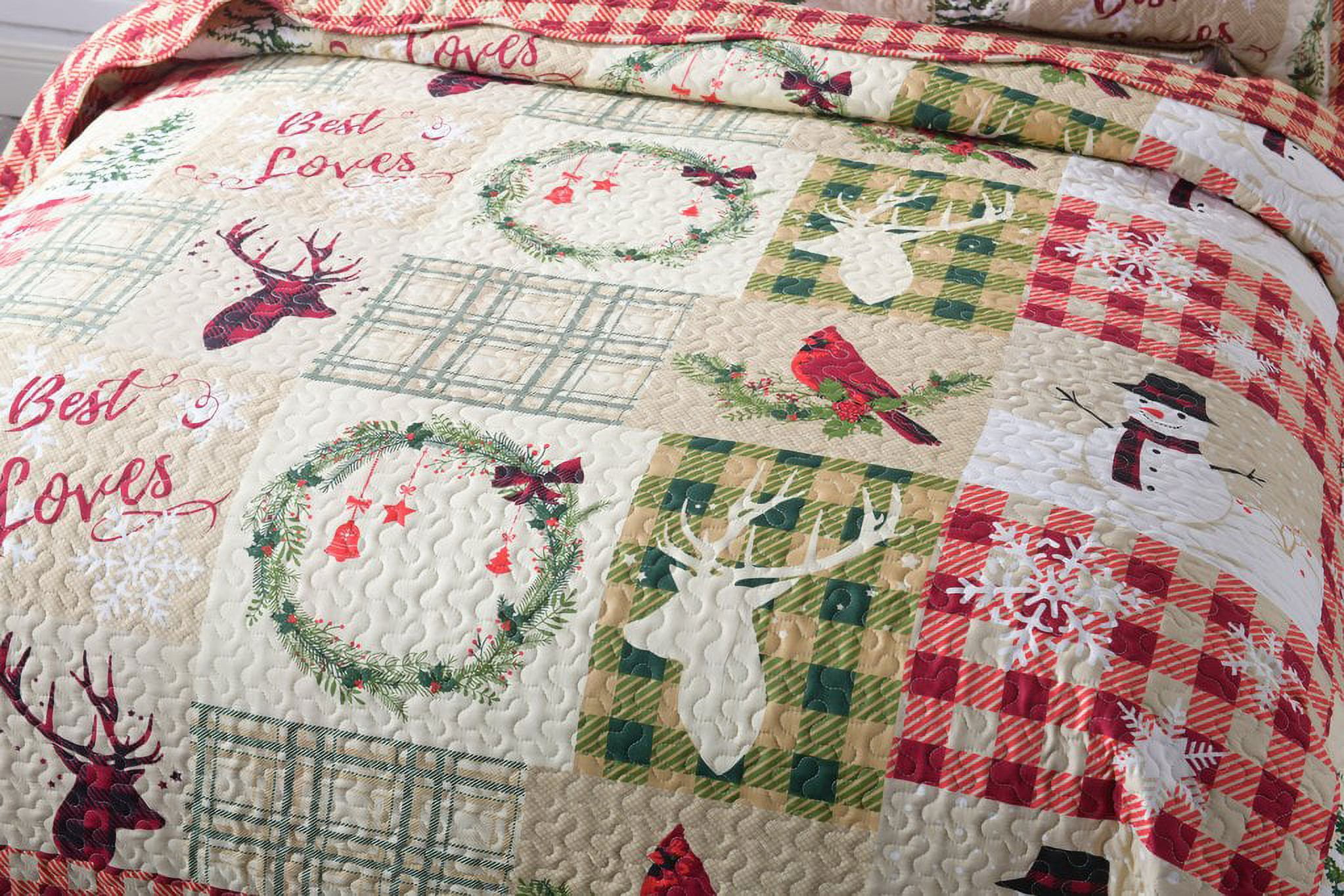 MarCielo 3 Piece Christmas Quilt Set Rustic Lodge Deer Quilt Quilted Bedspread Printed Quilt Bedding Throw Blanket Coverlet Lightweight Bedspread Ensemble/Snowman Quilt