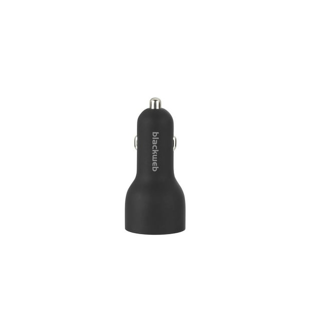 Blackweb USB-C 20W Power Delivery Dual-Port Car Charging Kit in matte black, front view showing compact cylindrical car power adapter with metal tip and side contacts, featuring blackweb logo, designed for fast charging smartphones and dual device charging while driving.