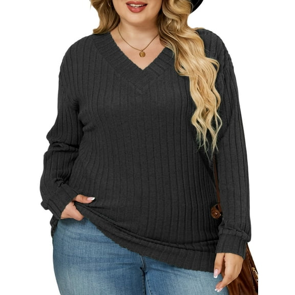 NISVIYA Plus Size Tops for Women Fall Fashion V-Neck Sweaters Casual Knit T Shirts Basic Long Sleeve Pullover