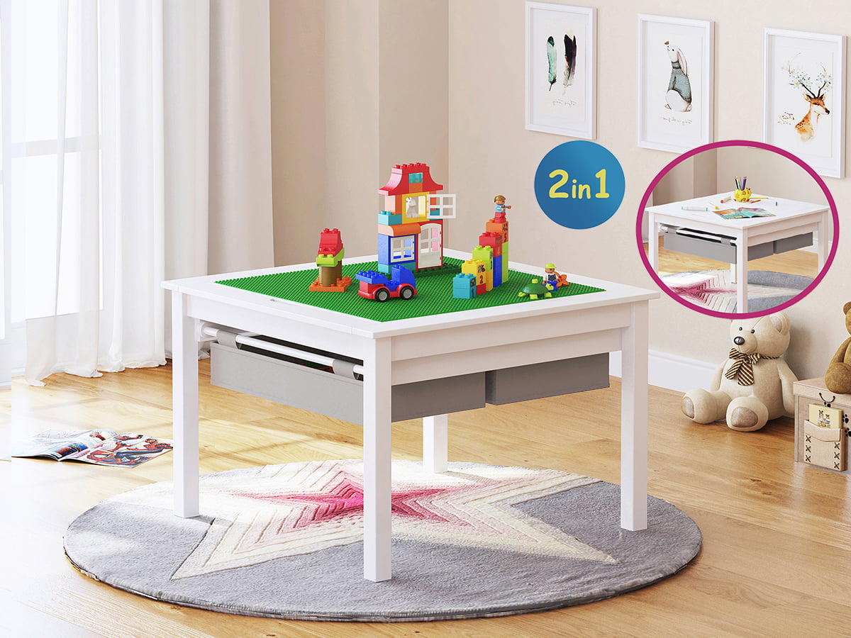UTEX Wooden 2 In 1 Kids Construction Play Table with Storage Drawers