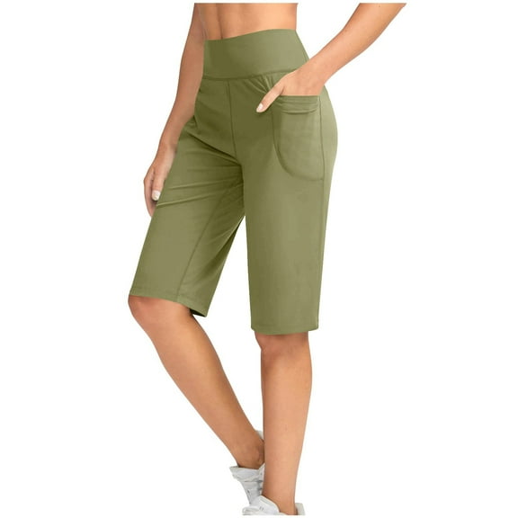 2025 Workout High Waist Bermuda Shorts - Women's Knee-Length Athletic with Pockets, Plus Size Wide Leg for Yoga, Running & Casual Walking