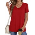 thumbnail image 2 of MOYIKO Women V Neck Summer Top Short Puff Sleeve T Shirts Trendy Basic Tee Red Tunic Tshirt Clothes Size M, 2 of 7