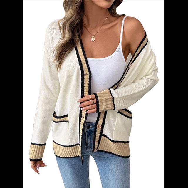 Suéteres Tipo Cárdigan para Mujer, Ligeros, de Larga, con Abertura Frontal y Bolsillos. Crema S