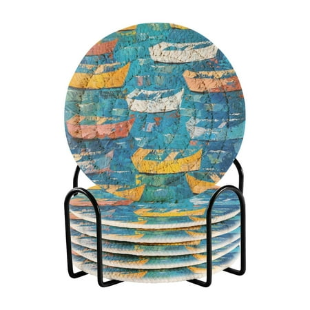 

6 coil coasters 3.94x3.94x0.24 inch water coasters Drink coasters with cup holders Absorbent coasters Heat resistant for bar protection Colorful Cartoon Boat1
