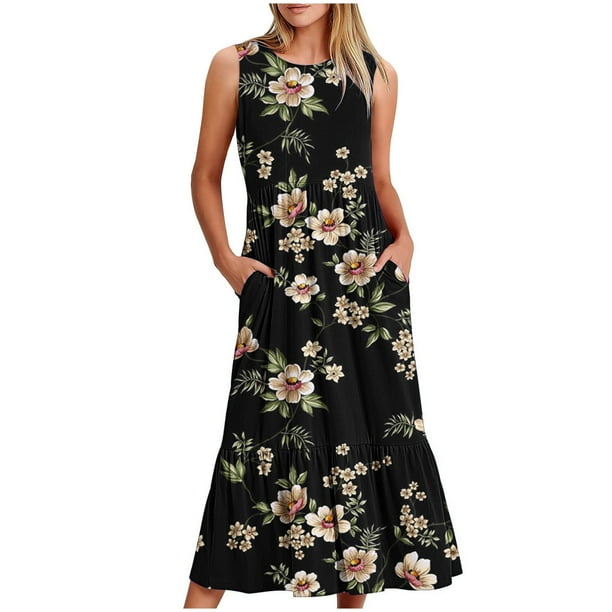 Vestido sin Mangas para Mujeres Vestido de Verano de Cuello Redondo Impreso, Poliéster de Tamaño Verdadero Diario Y Vestido de Fiesta