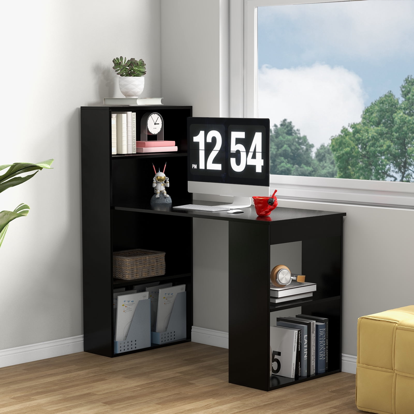 Topbuy 48 Inch Computer Desk with Bookshelf 3-in-1 Home office Desk with 4-Tier Bookcase & CPU Stand Space-saving Reversible Writing Desk Black