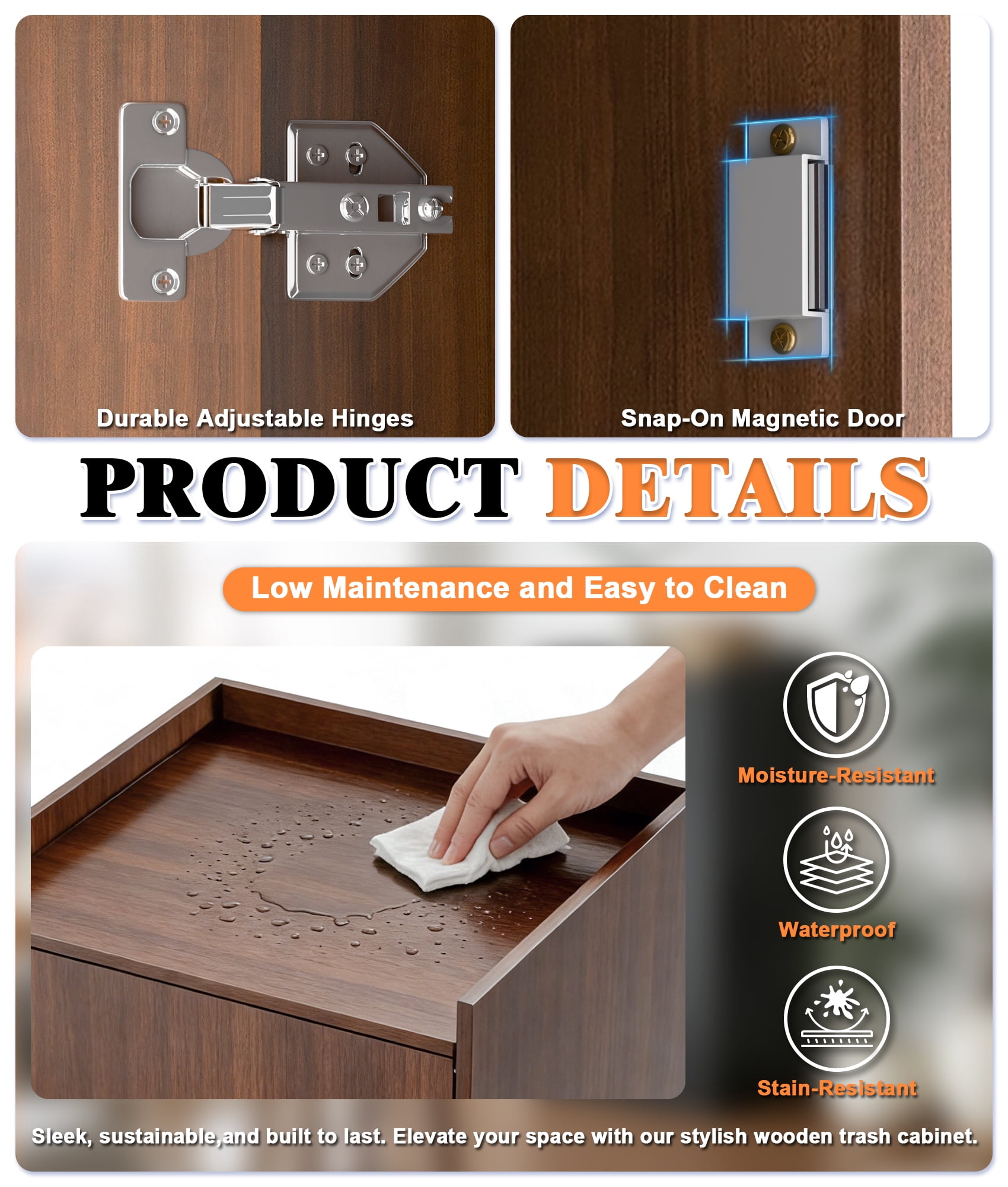 Esheno Kitchen Trash Cabinet 50 Gallon 2 PCS Wood Commercial with Odor Control Adjustable Hinges Magnetic Door Waterproof for Restaurant Cafe