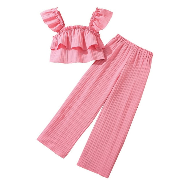 Odeerbi 8-13 Años Niñas Conjuntos de Verano Algodón Camisola Volantes Tops Pantalones Pata Ancha Conjunto de Dos Piezas Cuello Redondo Top Pantalones Conjunto