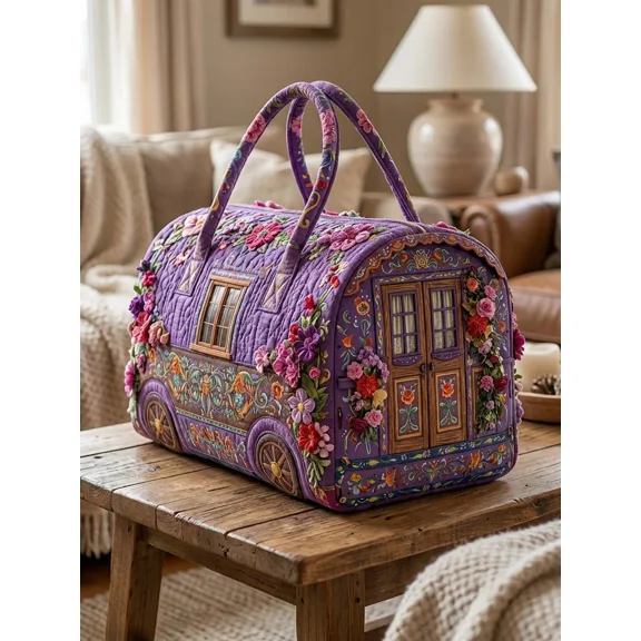 Purple Floral Camper Van Quilted Duffle Bag