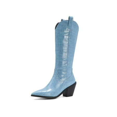 

GENILU Ladies Comfort Non-Slip Shoes Block Western Cowgirl Boots Work Pull On Blue 8