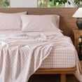 thumbnail image 6 of MooMee Gingham Sheet Set 100% Washed Cotton Linen Like Textured Extra Deep Pocket Breathable Lightweight 4-Piece (Grayish Pink, King), 6 of 8