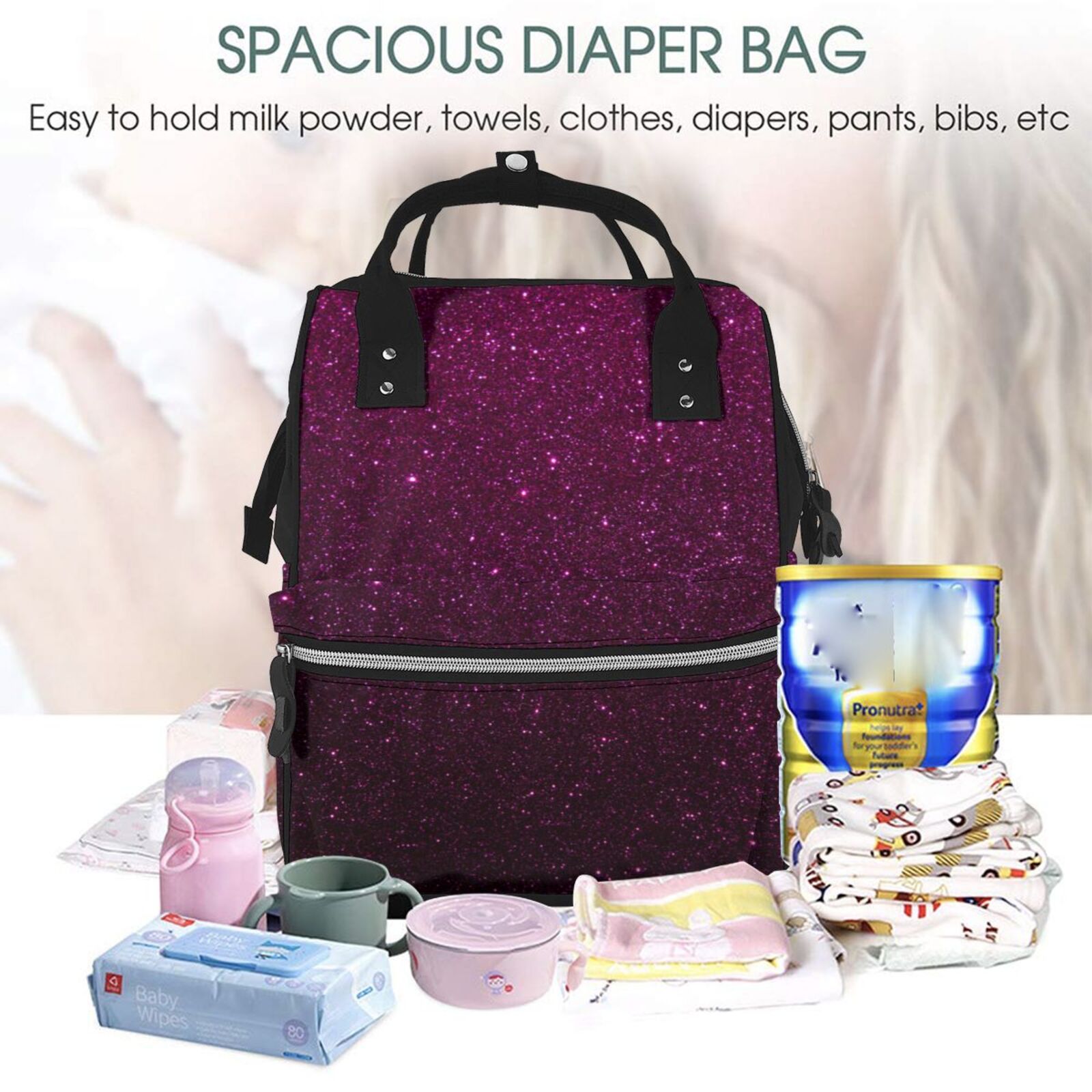 Ratiio Dark Purple Glitter Mummy Backpack - Waterproof Twill Canvas, Large Capacity Diaper Bag with Multiple Pockets and Adjustable Straps