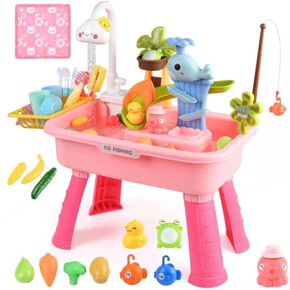 Pink Water Table for Girls/ 2–7 Years,20 in/51 cm, Outdoor Sensory Toys , Gift for Kids Outdoor Play Table with Pump & Running Water, Fishing Game.