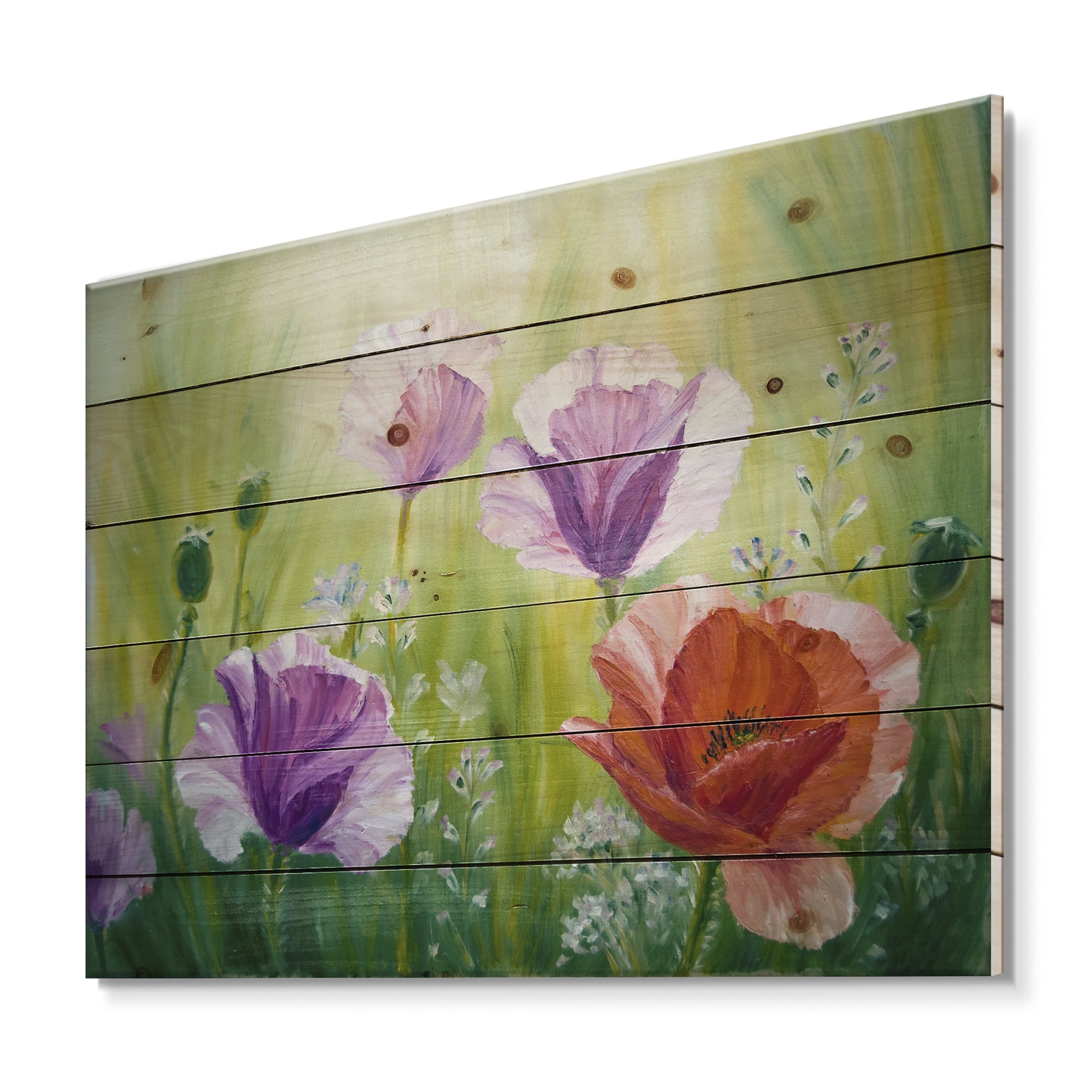 Designart 'Blossoming Red and Purple Poppies In The Morning II' Traditional Print on Natural Pine Wood