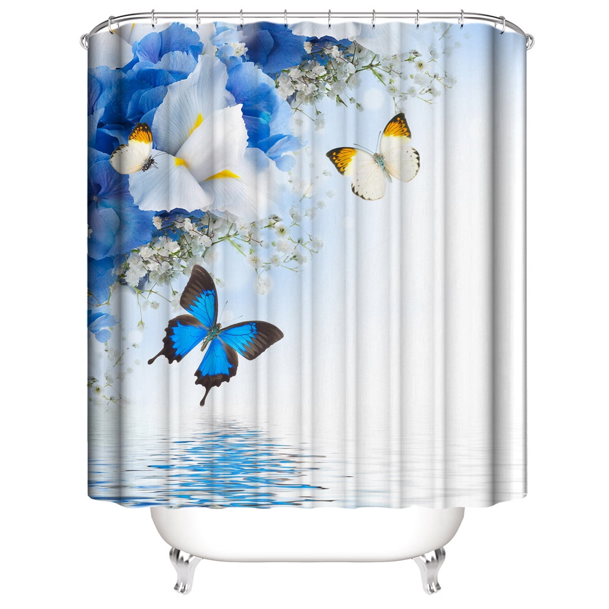 Flower Butterfly Shower Curtain, Watercolor Bathroom Decor Fabric