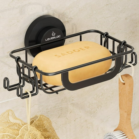 Jabonera LEVERLOC con ganchos para montaje en pared, color negro