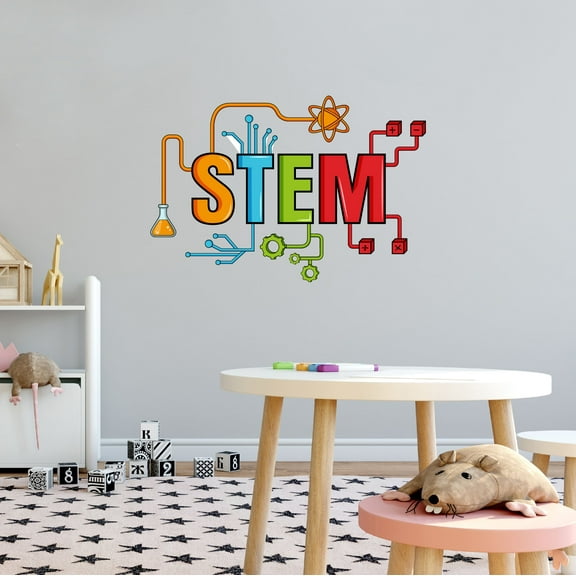 Home Wall Decal - STEM - Cute Learning Design Colourful STEM Text with Cute Orbits and Funnels - Proudly Hand Made Decal - Size: 10 In(W) x 7 In(H)