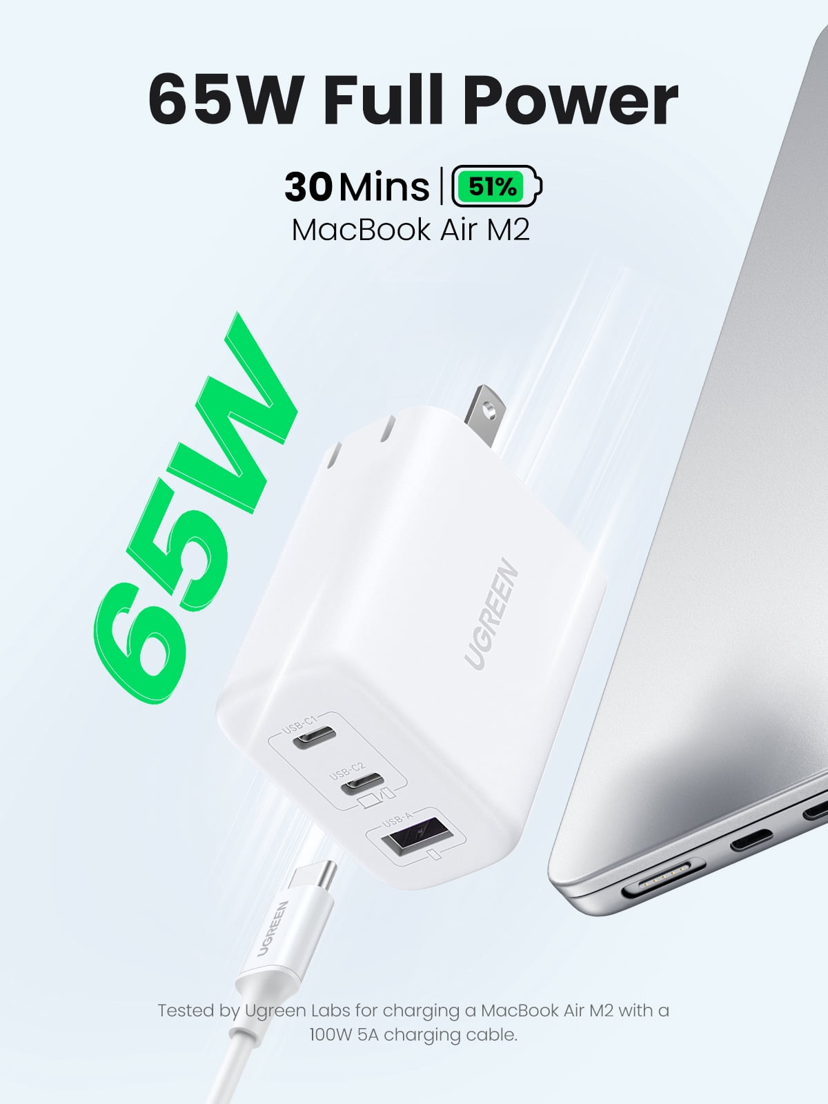 UGREEN USB C Charger 65W, 3 in 1 Fast Wall Charger Compatible for iPhone 8-16/Samsung Galaxy, White