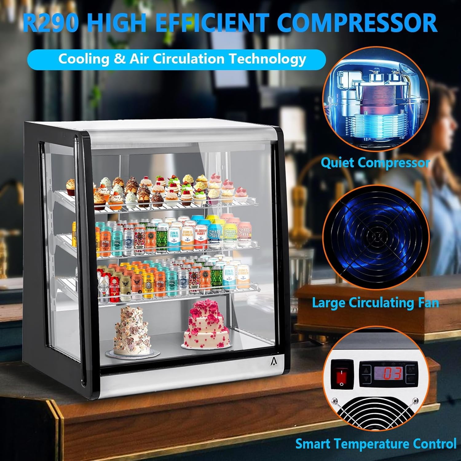 Homhougo Commercial Display Refrigerator, 7 Cubic Feet for Countertop, Interior LED Lighting Refrigerator, Double Layer Glass, Rear Sliding Door