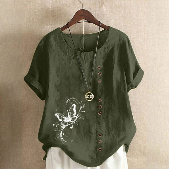 QUNYINEY Crew Neck Women's T-Shirts Butterfly Short Sleeve Casual Pullover Tops Linen Button Loose Tops for Women Trendy