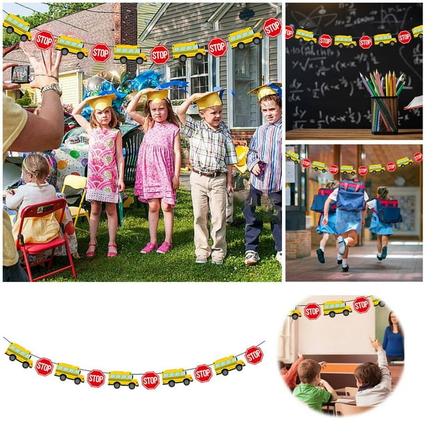 Guirnalda de banderolas de autobús escolar - Decoración premontada de 3 metros, material de papel reutilizable, no requiere bricolaje, ideal para decoración de aulas y fiestas de cumpleaños