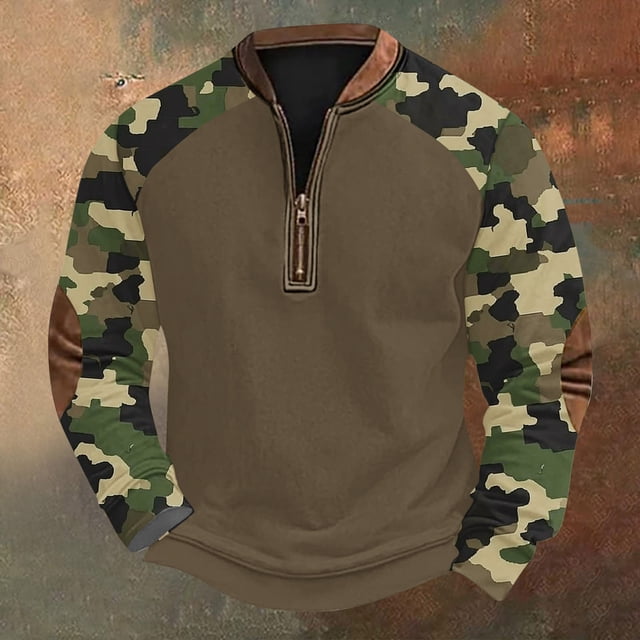 Blusas y camisas de manga larga con cuello redondo para hombre, talla grande, media cremallera, cuello redondo, estampado vintage de camuflaje, blusa de poliéster de manga larga para hombre