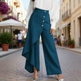 thumbnail image 2 of Women's High Waisted Wide Leg Pants Asymmetric Ruffle Hem Palazzo Trousers Casual Loose Straight Slacks with Side Decorative Buttons, 2 of 4