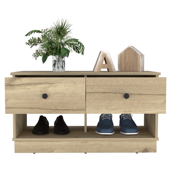 Knubmt Wood Storage Bench with Open Shelf and 2 Drawers, Perfect for Home, Living Room, Light Brown