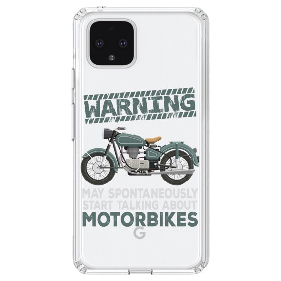 DistinctInk Clear Shockproof Hybrid Case for Google Pixel 4 (6.1" Screen) - TPU Bumper Acrylic Back Tempered Glass Screen Protector - Spontaneously Talking About Motorcycles