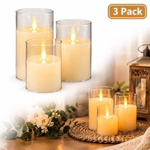 3 Pack Clear Glass Flameless LED Candles, Realistic Moving Flickering Wick Battery Operated Set for Home Wedding Christmas Decor