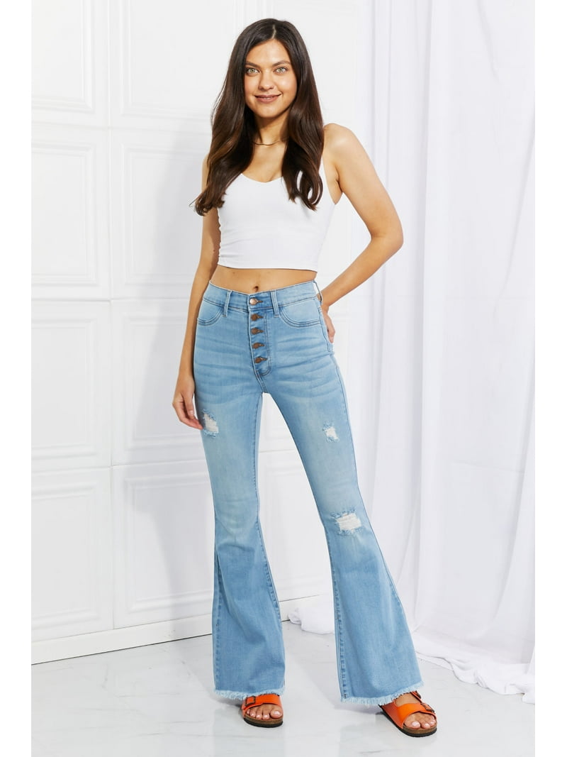 Womens Flare Jeans Ultra High Rise Distressed Frayed Hem 5 Button