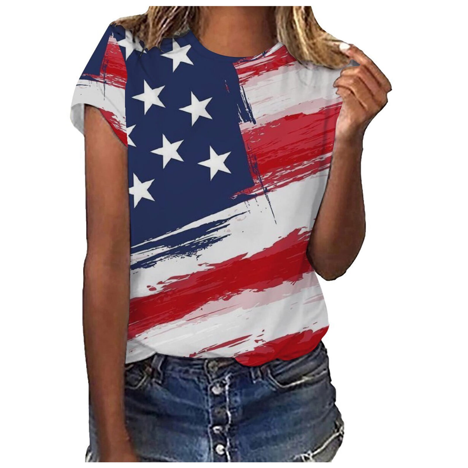 4th of July Shirt Women's US Flag Crewneck 3/4 Sleeve Summer Tops Elbow ...