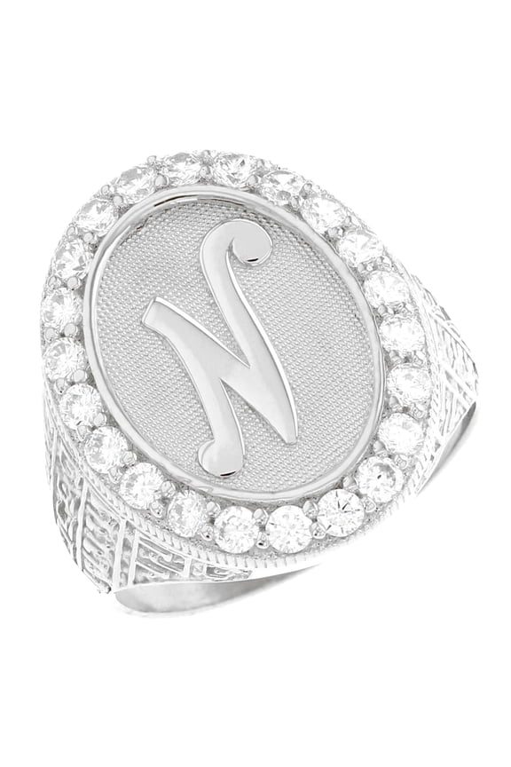 14k White Gold Mens Oval Halo White CZ Initial Letter N Ring