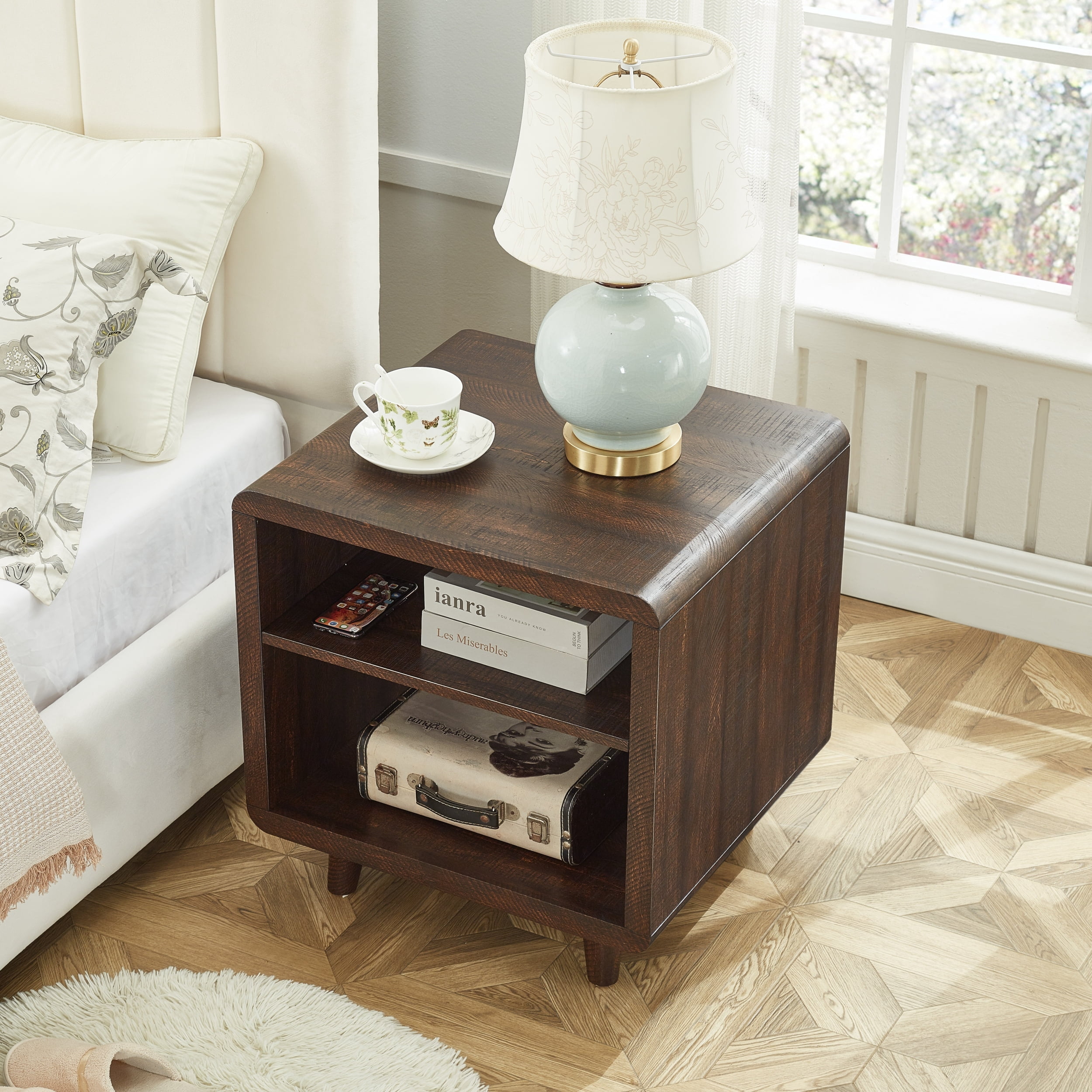 Roundhill Furniture Lux Modern Wood Shelf Side Table, Bedside Nightstand, Brown