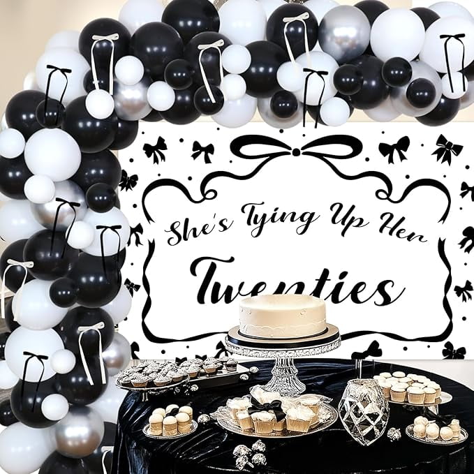 Black Bow 30th Birthday Party Decorations, Coquette Bow 30th Birthday Decoration Black Bow She's Tying Her Twenties Backdrop Latex Balloon Arch Kit for Woman Rip 20s Party Supplies