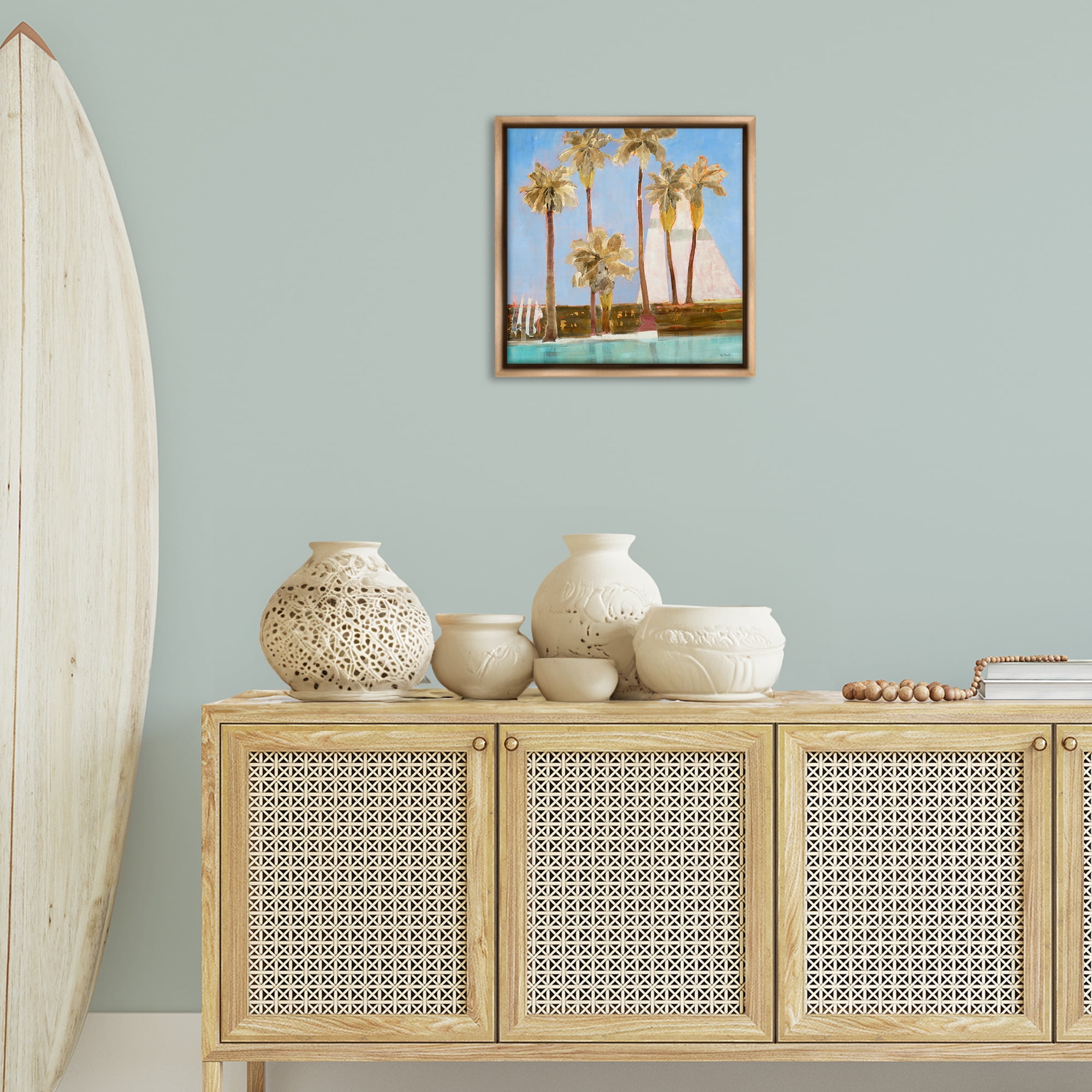 Stupell Industries Rustic Tropical Scene Coastal Painting Brown Floater Framed Canvas Art Print Wall Art, 18 x 18