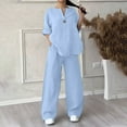 thumbnail image 2 of UVEASISHA Casual Outfits for Women Cotton Linen 2 Piece V Neck Shirts and Wide Leg Pant Sets Baggy Casual Streetwear Light Blue L, 2 of 8
