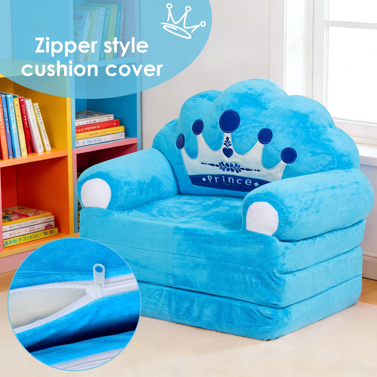 Dznils Toddler Sofa Chair, 2-in-1 Soft Foam Flip Open Kids Couch Lounger Comfy, Ages 1+, Blue Prince