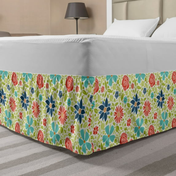 Botanical Bed Skirt, Spring Flourish Meadow Blooms Rural Beauty Petals Growth Mother's Day Style Motif, Elastic Bedskirt Dust Ruffle Wrap Around for Bedding Decor, 4 Sizes, Multicolor, by Ambesonne