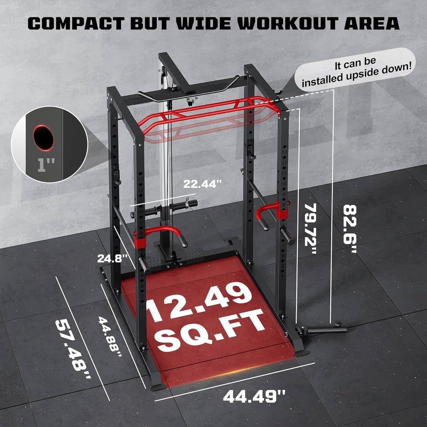 Forgemus Squat Rack for Home Gym,2000lbs Power Rack Squat Machine with LAT Pulldown and More Training Attachments,Weight Rack with Adjustable Pulley System for Full Body Workout,Black